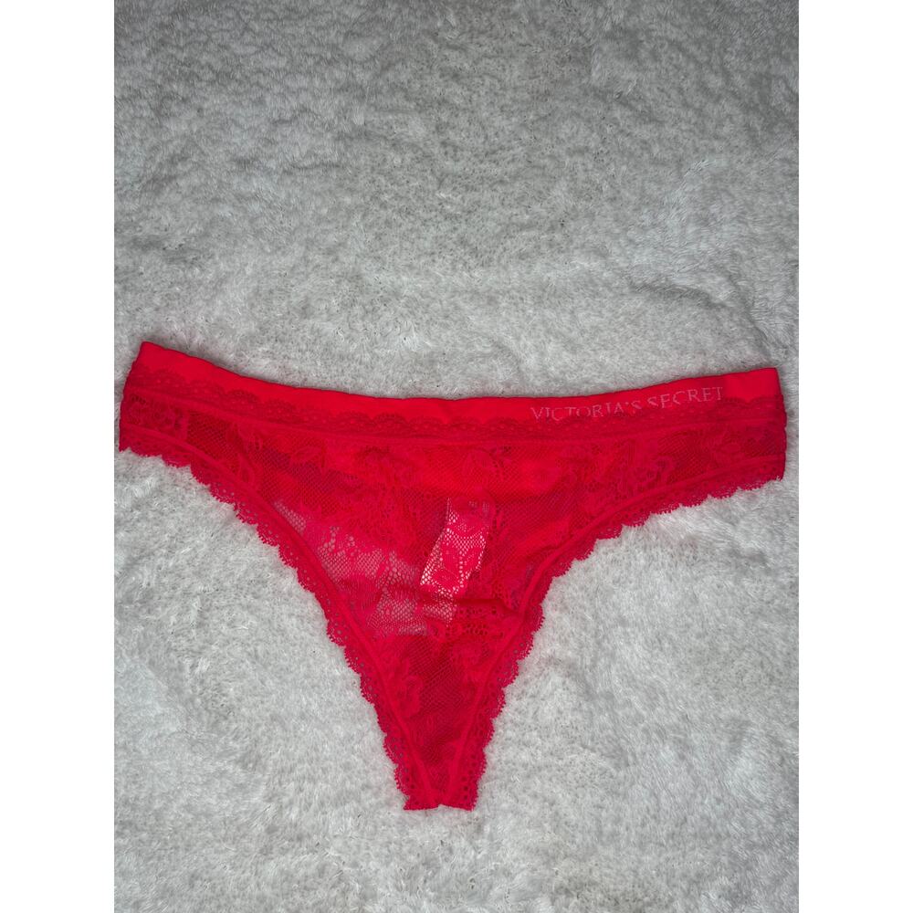 Victoria’s Secret Neon Coral Lace Mesh Thong Panty M NWT